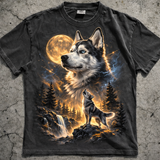 Husky Howling to the Moon Vintage T-Shirt, 90s Retro Husky Dog Graphic Tee, Siberian Husky Lover Gift, Full Moon Forest Shirt