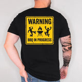 Funny BBQ Warning Shirt - Warning BBQ In Progress Back Print Tee - Grilling Gift for Men - Backyard Cookout Shirt - Grill Master Birthday Gift
